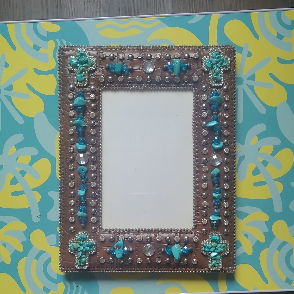 Handcrafted Beaded Brown and Turquoise Photo Frame